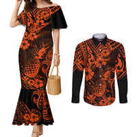 Hawaii Pineapple Couples Matching Mermaid Dress and Long Sleeve Button Shirts Paradise Flowers Pacific With Orange Polynesian Tribal LT01 Orange - Polynesian Pride