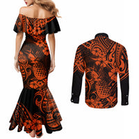 Hawaii Pineapple Couples Matching Mermaid Dress and Long Sleeve Button Shirts Paradise Flowers Pacific With Orange Polynesian Tribal LT01 - Polynesian Pride