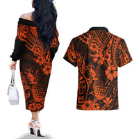 Hawaii Pineapple Couples Matching Off The Shoulder Long Sleeve Dress and Hawaiian Shirt Paradise Flowers Pacific With Orange Polynesian Tribal LT01 - Polynesian Pride