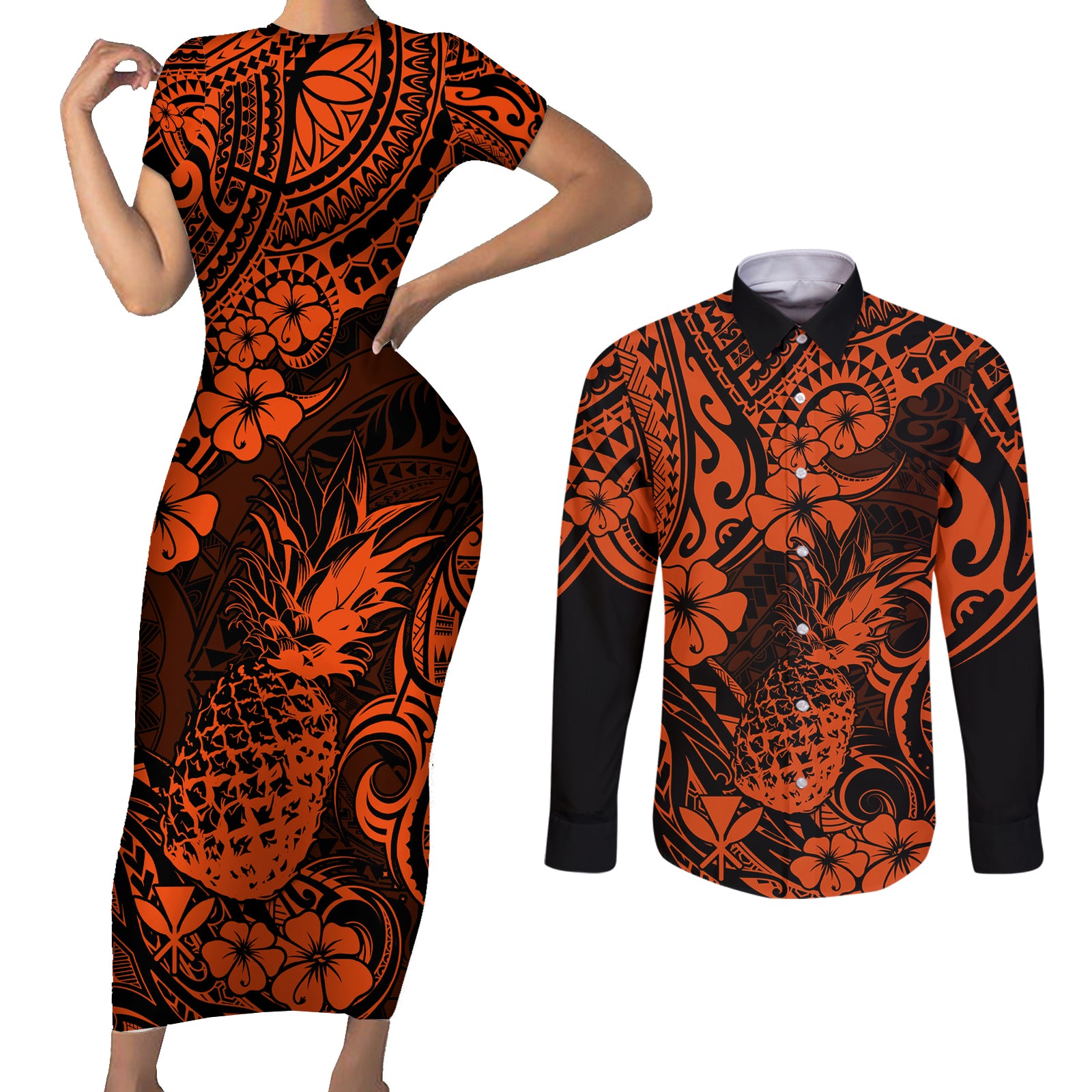 Hawaii Pineapple Couples Matching Short Sleeve Bodycon Dress and Long Sleeve Button Shirts Paradise Flowers Pacific With Orange Polynesian Tribal LT01 Orange - Polynesian Pride
