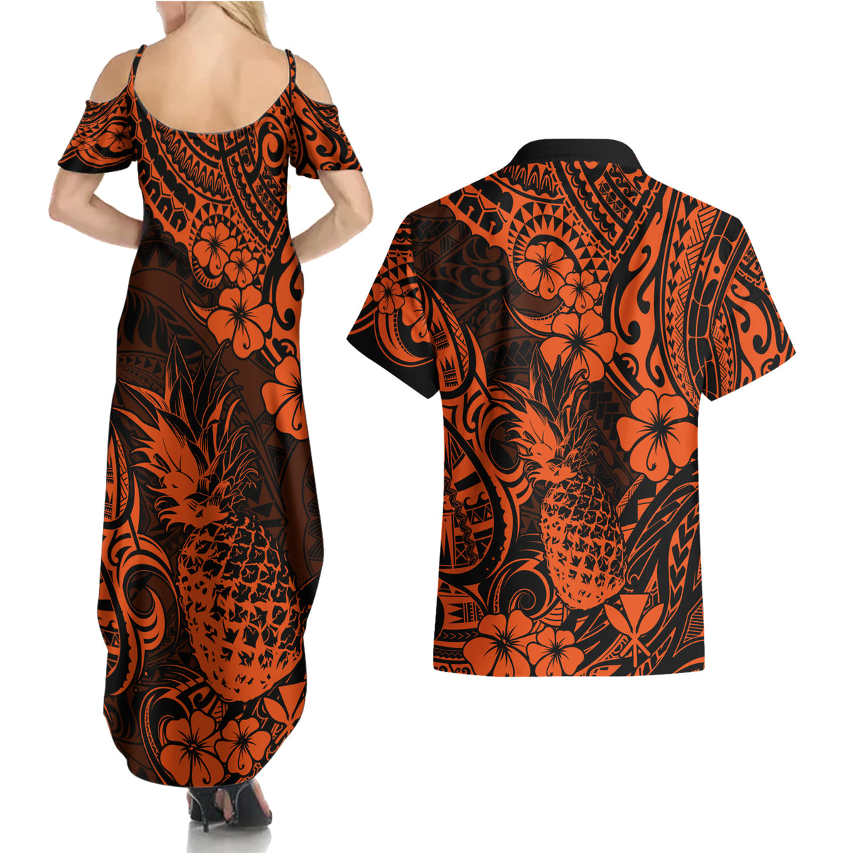 Hawaii Pineapple Couples Matching Summer Maxi Dress and Hawaiian Shirt Paradise Flowers Pacific With Orange Polynesian Tribal LT01 - Polynesian Pride