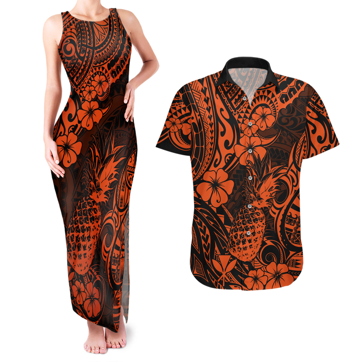 Hawaii Pineapple Couples Matching Tank Maxi Dress and Hawaiian Shirt Paradise Flowers Pacific With Orange Polynesian Tribal LT01 Orange - Polynesian Pride