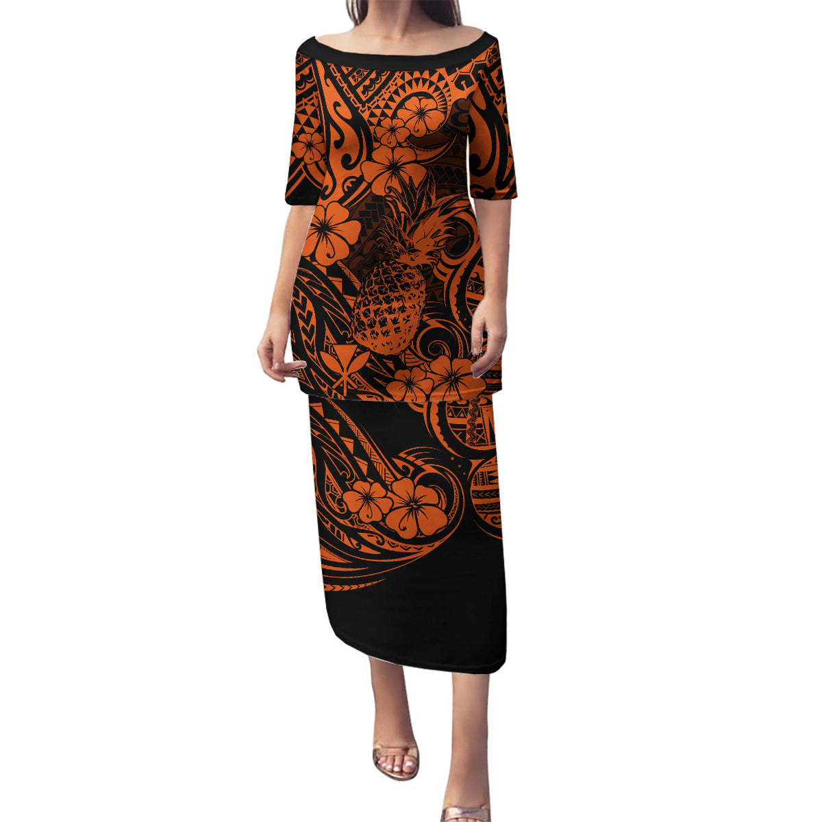 Hawaii Pineapple Family Matching Puletasi Dress and Hawaiian Shirt Paradise Flowers Pacific With Orange Polynesian Tribal LT01 Mom's Dress Orange - Polynesian Pride