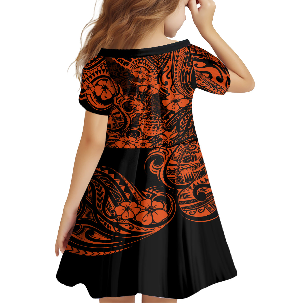 Hawaii Pineapple Kid Short Sleeve Dress Paradise Flowers Pacific With Orange Polynesian Tribal LT01 - Polynesian Pride