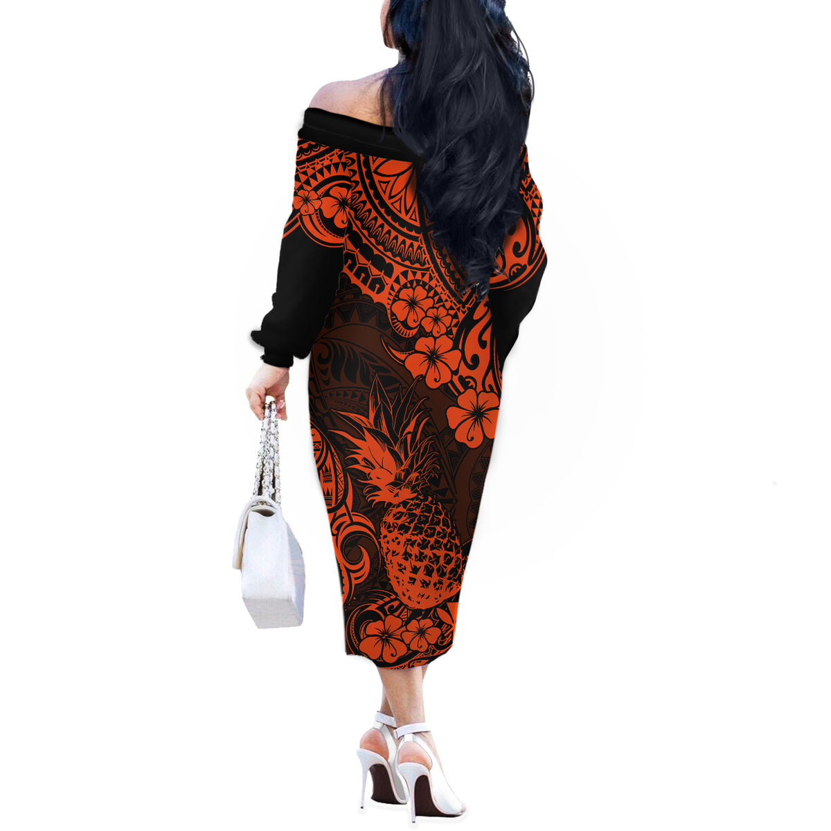 Hawaii Pineapple Off The Shoulder Long Sleeve Dress Paradise Flowers Pacific With Orange Polynesian Tribal LT01 - Polynesian Pride