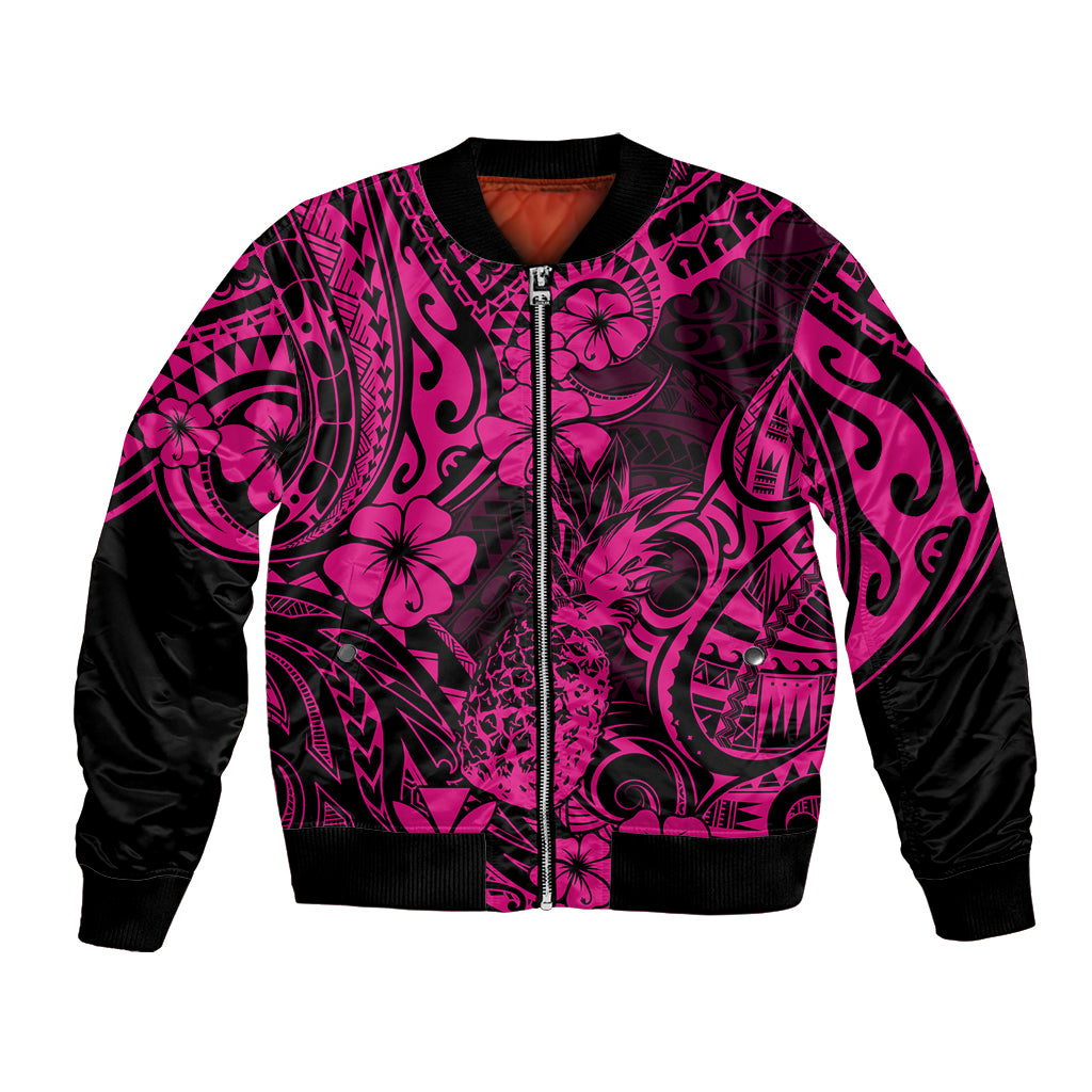 Hawaii Pineapple Bomber Jacket Paradise Flowers Pacific With Pink Polynesian Tribal LT01 Unisex Pink - Polynesian Pride
