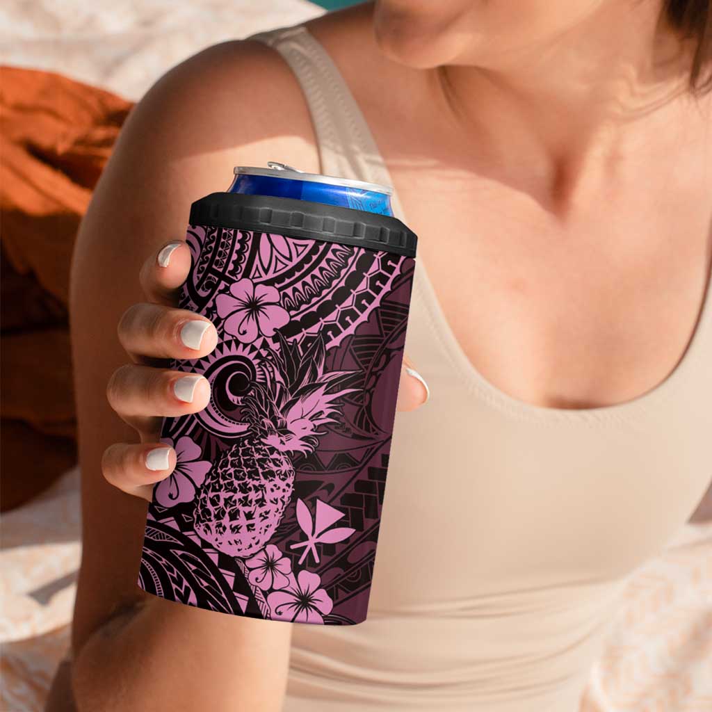 Hawaii Pineapple 4 in 1 Can Cooler Tumbler Paradise Flowers Pacific With Pink Polynesian Tribal