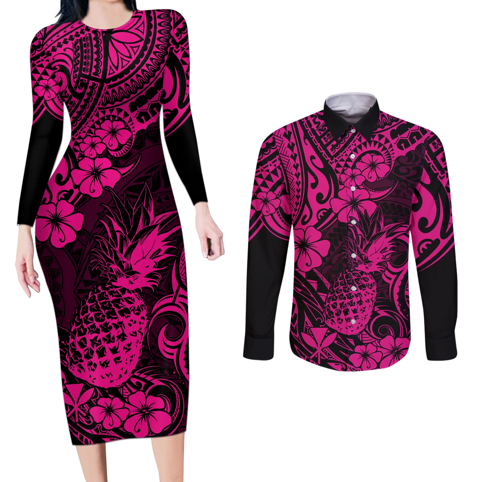 Hawaii Pineapple Couples Matching Long Sleeve Bodycon Dress and Long Sleeve Button Shirts Paradise Flowers Pacific With Pink Polynesian Tribal LT01 Pink - Polynesian Pride