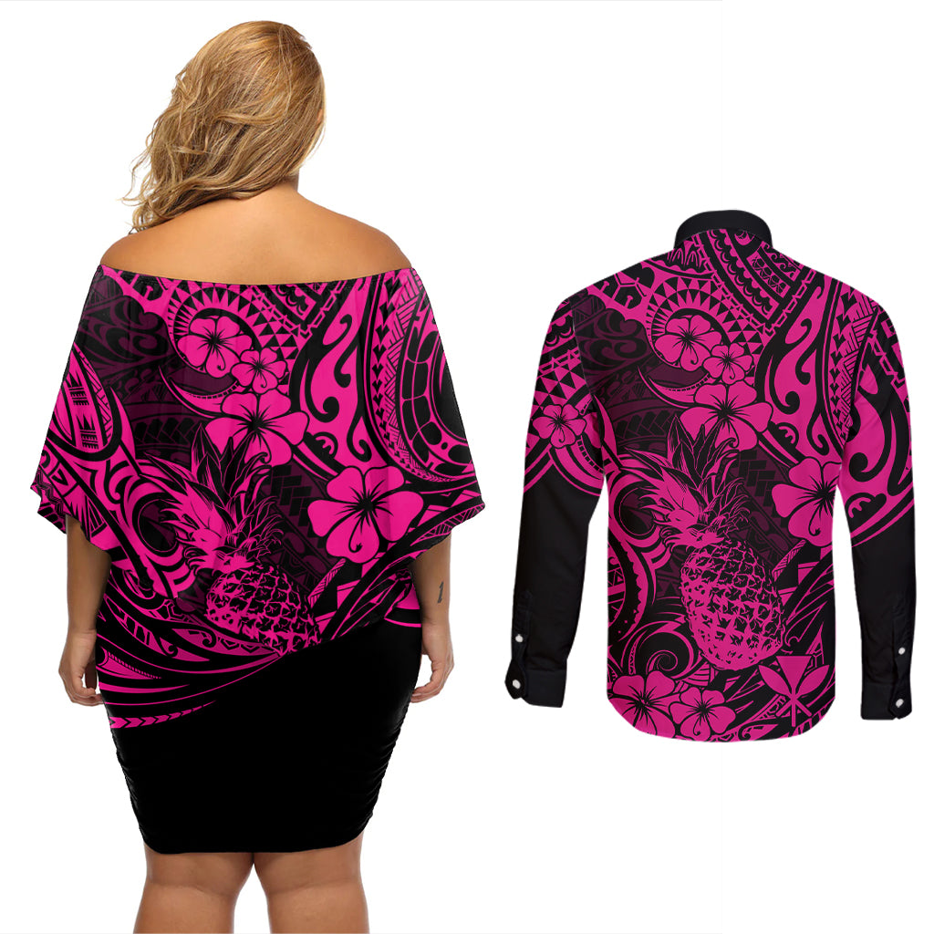 Hawaii Pineapple Couples Matching Off Shoulder Short Dress and Long Sleeve Button Shirts Paradise Flowers Pacific With Pink Polynesian Tribal LT01 - Polynesian Pride