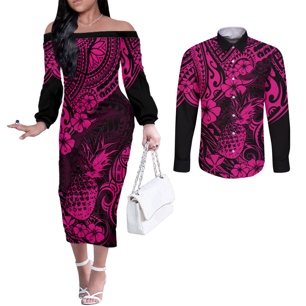 Hawaii Pineapple Couples Matching Off The Shoulder Long Sleeve Dress and Long Sleeve Button Shirts Paradise Flowers Pacific With Pink Polynesian Tribal LT01 Pink - Polynesian Pride