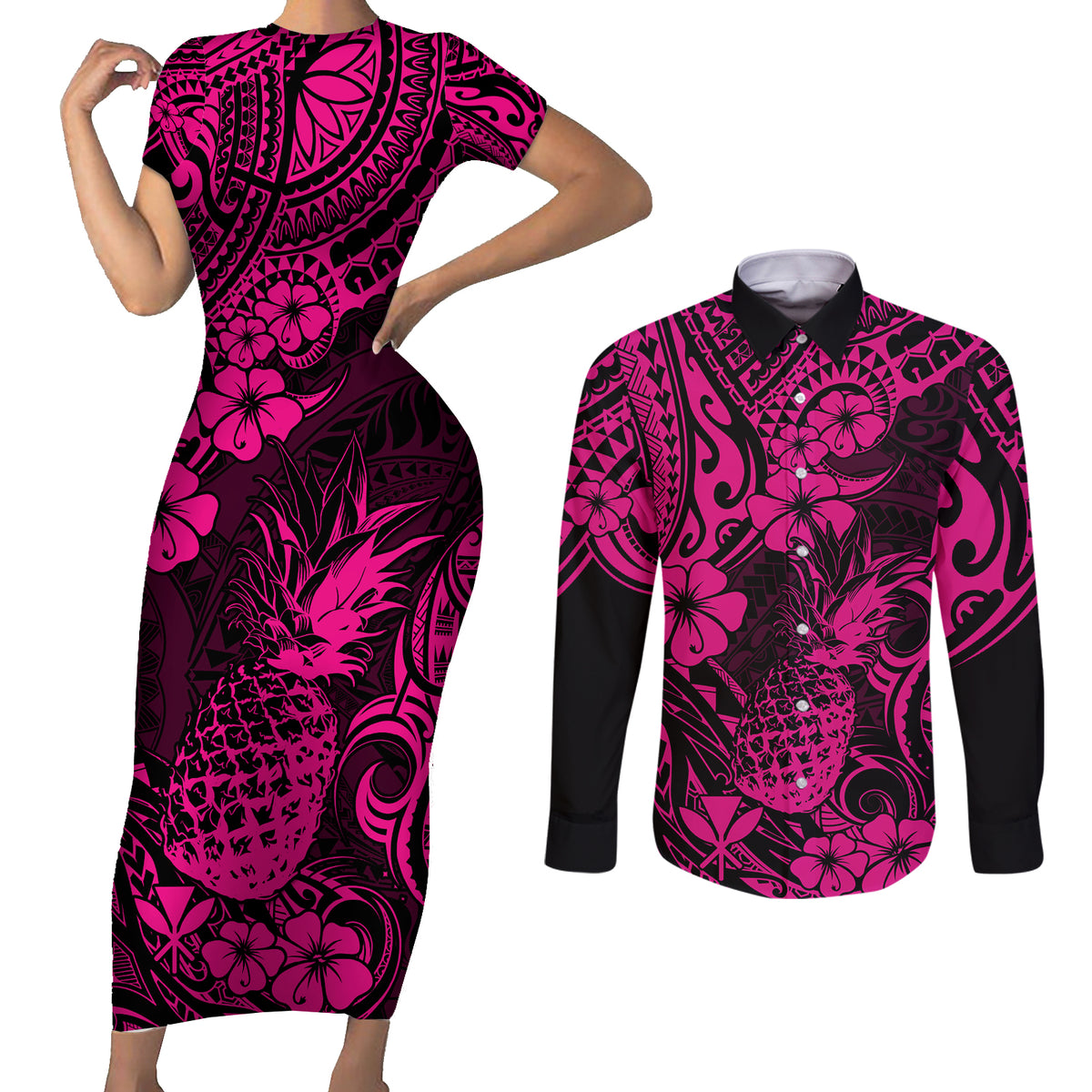 Hawaii Pineapple Couples Matching Short Sleeve Bodycon Dress and Long Sleeve Button Shirts Paradise Flowers Pacific With Pink Polynesian Tribal LT01 Pink - Polynesian Pride