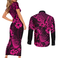 Hawaii Pineapple Couples Matching Short Sleeve Bodycon Dress and Long Sleeve Button Shirts Paradise Flowers Pacific With Pink Polynesian Tribal LT01 - Polynesian Pride