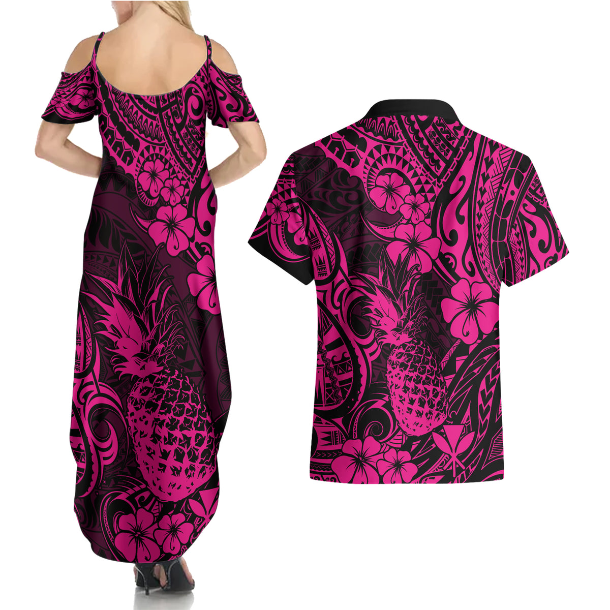 Hawaii Pineapple Couples Matching Summer Maxi Dress and Hawaiian Shirt Paradise Flowers Pacific With Pink Polynesian Tribal LT01 - Polynesian Pride