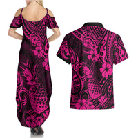 Hawaii Pineapple Couples Matching Summer Maxi Dress and Hawaiian Shirt Paradise Flowers Pacific With Pink Polynesian Tribal LT01 - Polynesian Pride