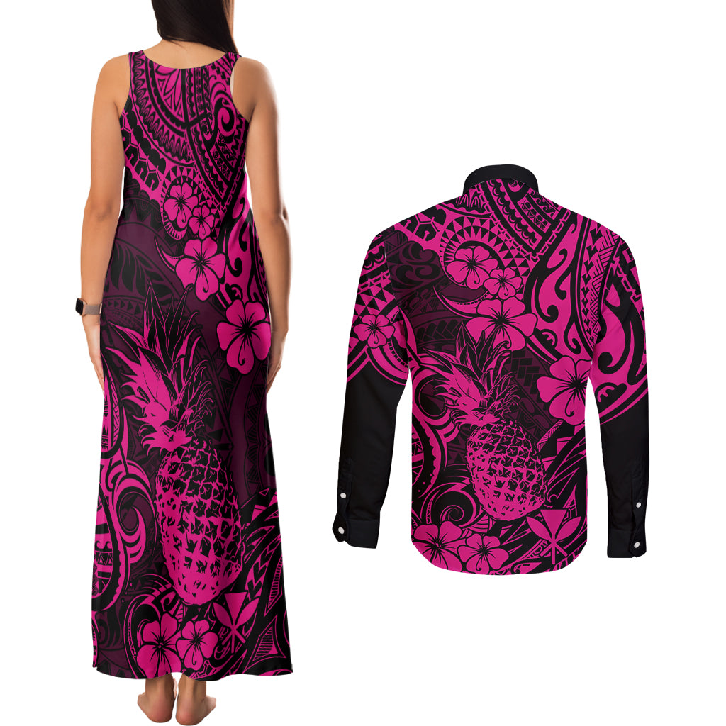 Hawaii Pineapple Couples Matching Tank Maxi Dress and Long Sleeve Button Shirts Paradise Flowers Pacific With Pink Polynesian Tribal LT01 - Polynesian Pride