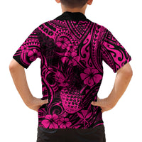 Hawaii Pineapple Family Matching Off Shoulder Long Sleeve Dress and Hawaiian Shirt Paradise Flowers Pacific With Pink Polynesian Tribal LT01 - Polynesian Pride