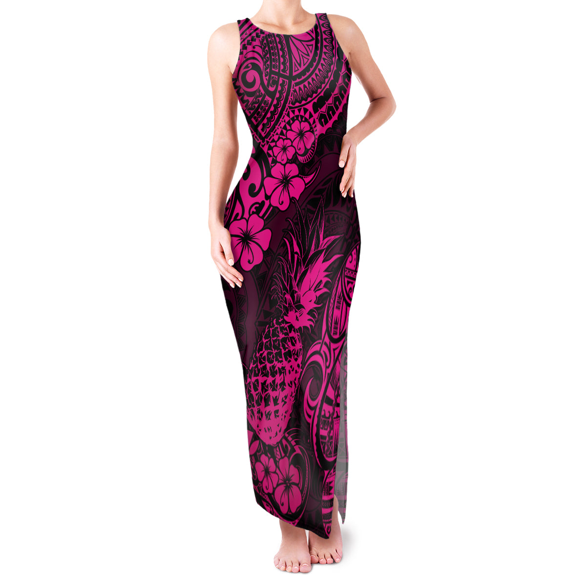 Hawaii Pineapple Family Matching Tank Maxi Dress and Hawaiian Shirt Paradise Flowers Pacific With Pink Polynesian Tribal LT01 Mom's Dress Pink - Polynesian Pride