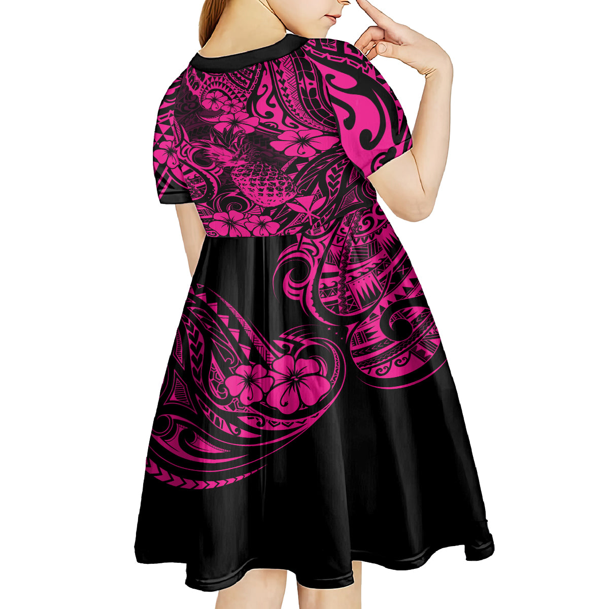 Hawaii Pineapple Kid Short Sleeve Dress Paradise Flowers Pacific With Pink Polynesian Tribal LT01 - Polynesian Pride