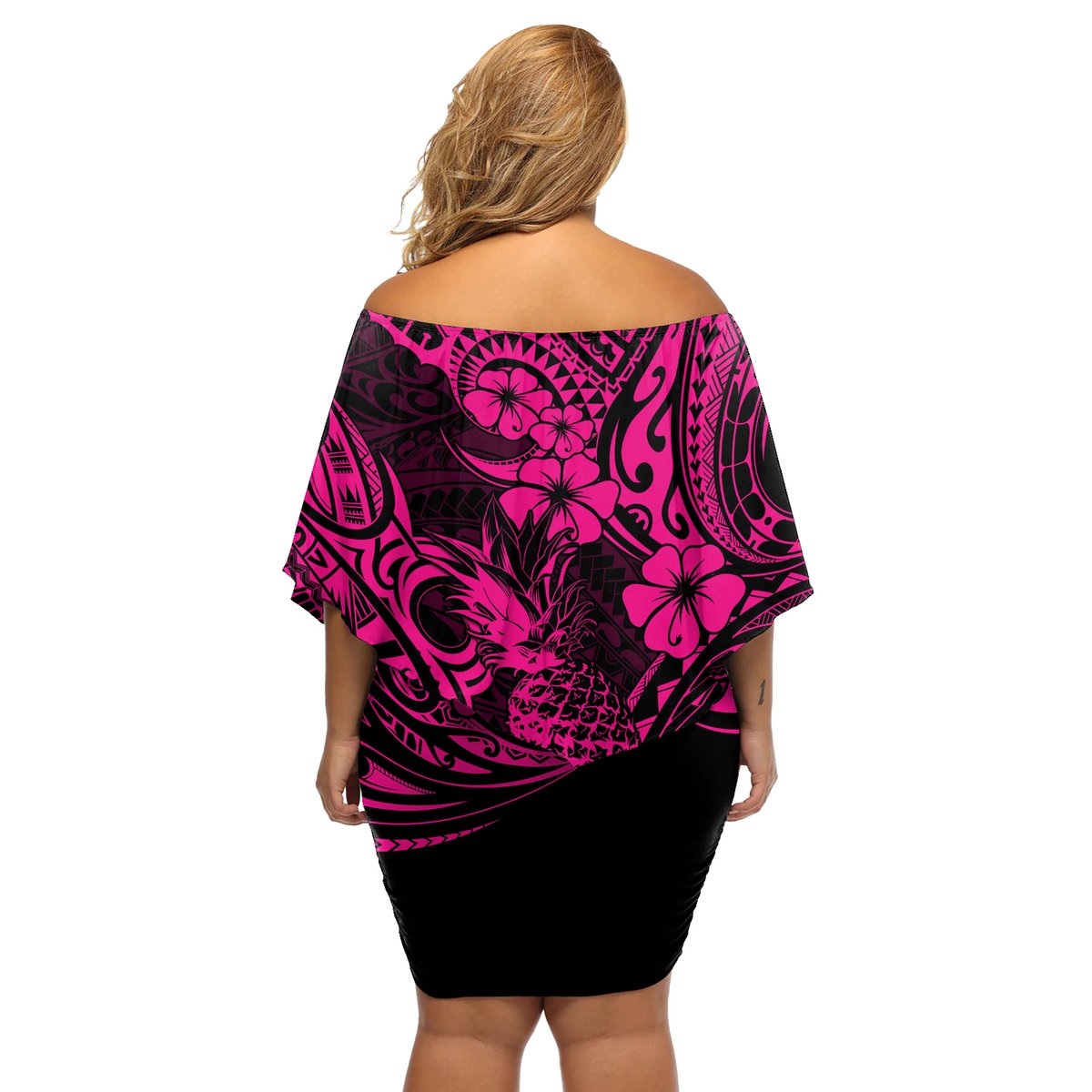 Hawaii Pineapple Off Shoulder Short Dress Paradise Flowers Pacific With Pink Polynesian Tribal LT01 - Polynesian Pride