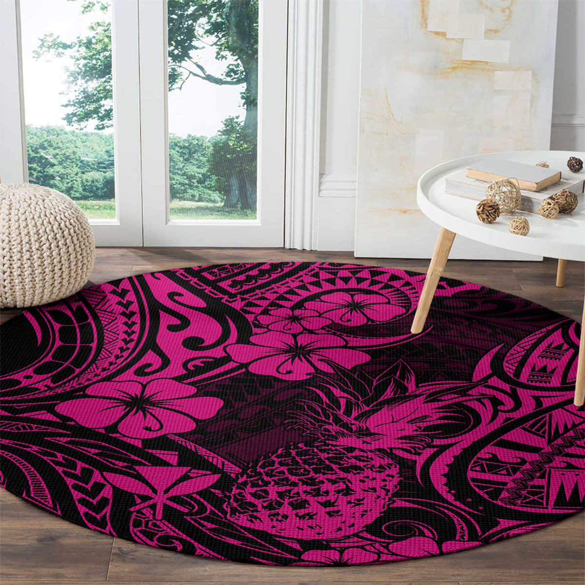 Hawaii Pineapple Round Carpet Paradise Flowers Pacific With Pink Polynesian Tribal LT01 - Polynesian Pride