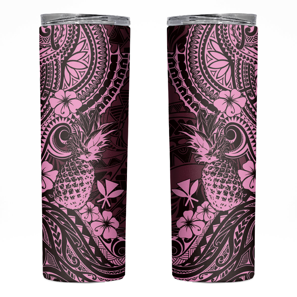 Hawaii Pineapple Skinny Tumbler Paradise Flowers Pacific With Pink Polynesian Tribal LT01 Pink - Polynesian Pride