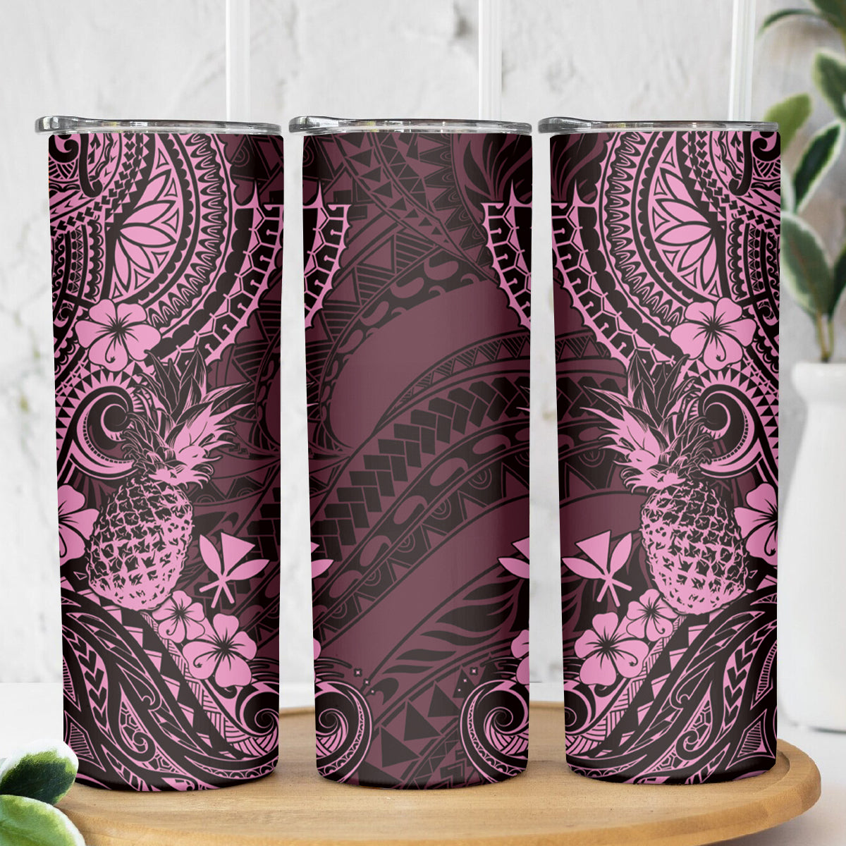 Hawaii Pineapple Skinny Tumbler Paradise Flowers Pacific With Pink Polynesian Tribal LT01 - Polynesian Pride