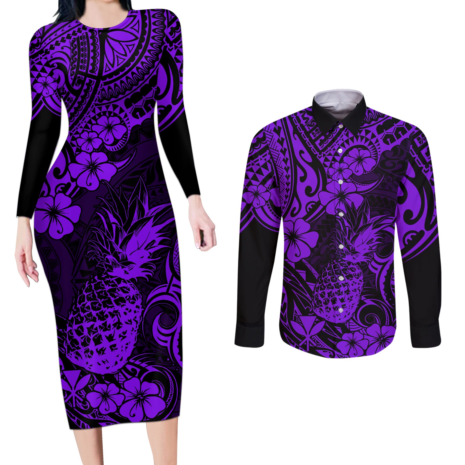 Hawaii Pineapple Couples Matching Long Sleeve Bodycon Dress and Long Sleeve Button Shirts Polynesian Pattern Purple Version LT01 Purple - Polynesian Pride