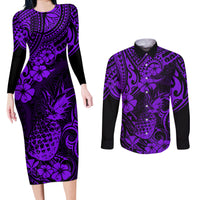 Hawaii Pineapple Couples Matching Long Sleeve Bodycon Dress and Long Sleeve Button Shirts Polynesian Pattern Purple Version LT01 Purple - Polynesian Pride