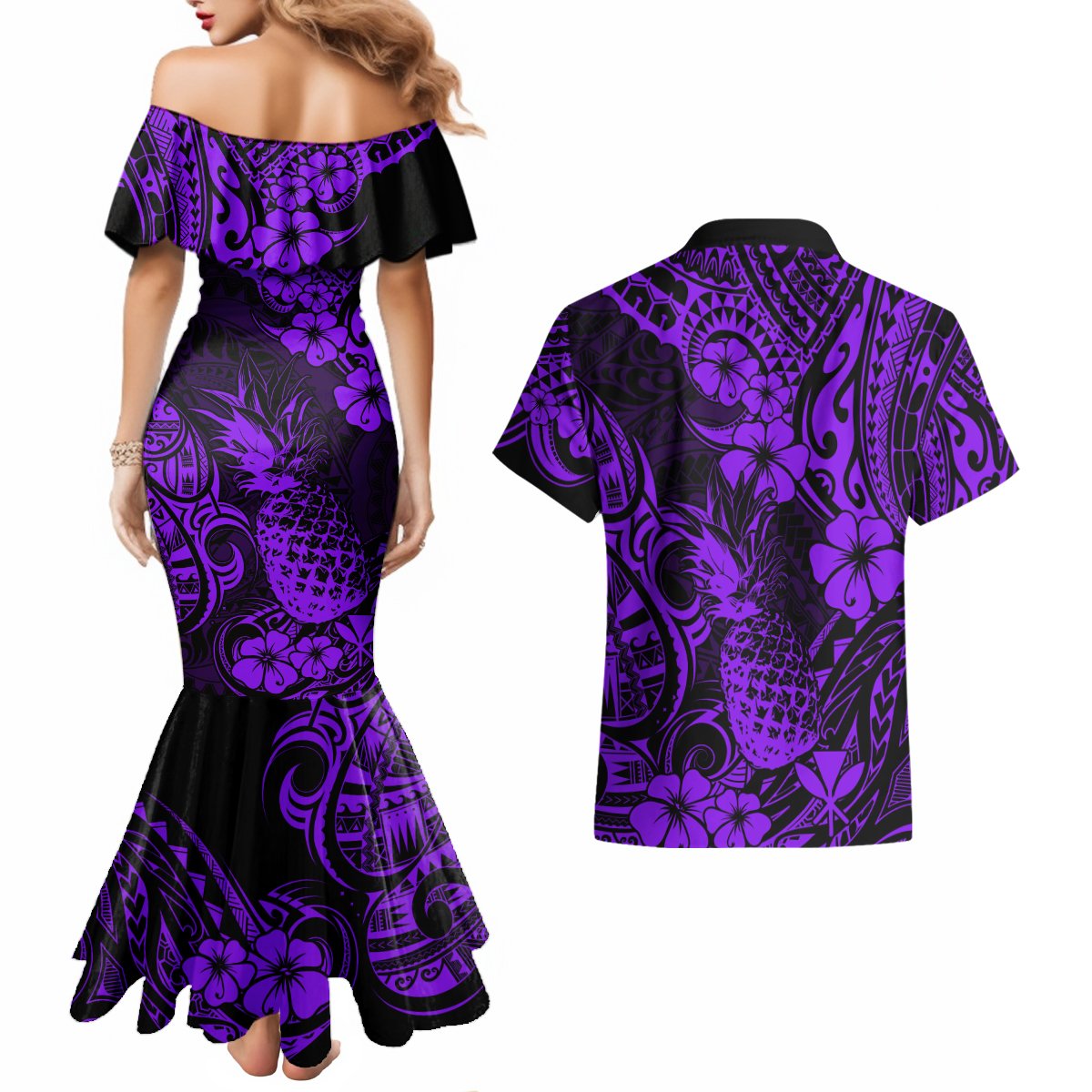 Hawaii Pineapple Couples Matching Mermaid Dress and Hawaiian Shirt Polynesian Pattern Purple Version LT01 - Polynesian Pride