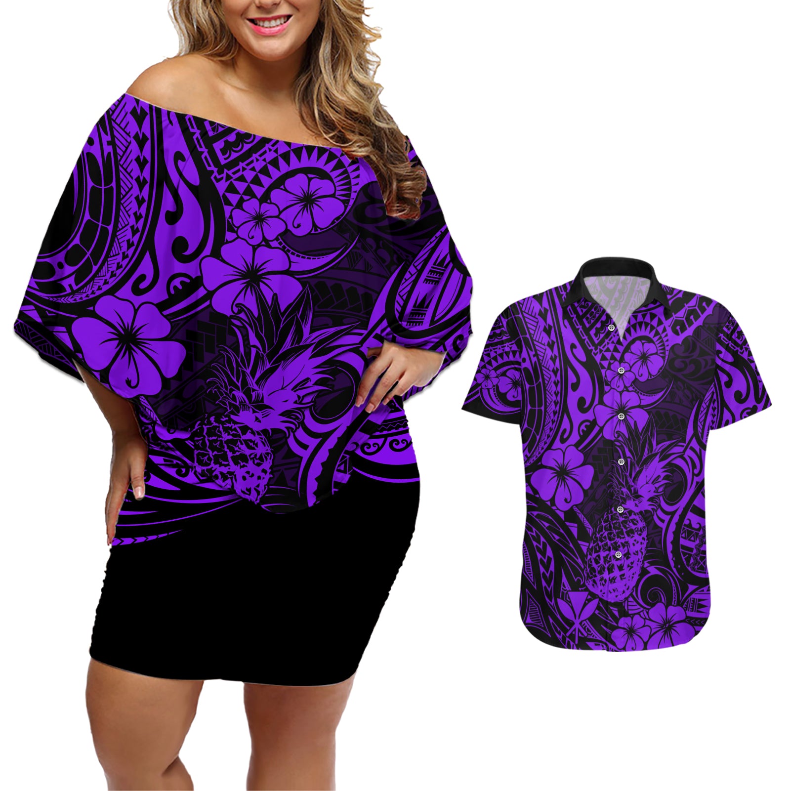 Hawaii Pineapple Couples Matching Off Shoulder Short Dress and Hawaiian Shirt Polynesian Pattern Purple Version LT01 Purple - Polynesian Pride