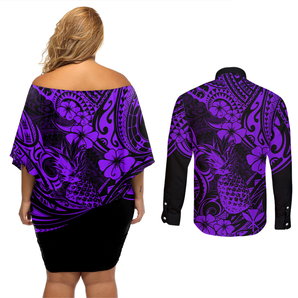 Hawaii Pineapple Couples Matching Off Shoulder Short Dress and Long Sleeve Button Shirts Polynesian Pattern Purple Version LT01 - Polynesian Pride