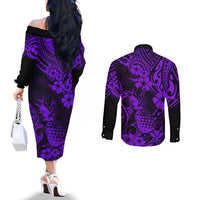 Hawaii Pineapple Couples Matching Off The Shoulder Long Sleeve Dress and Long Sleeve Button Shirts Polynesian Pattern Purple Version LT01 - Polynesian Pride