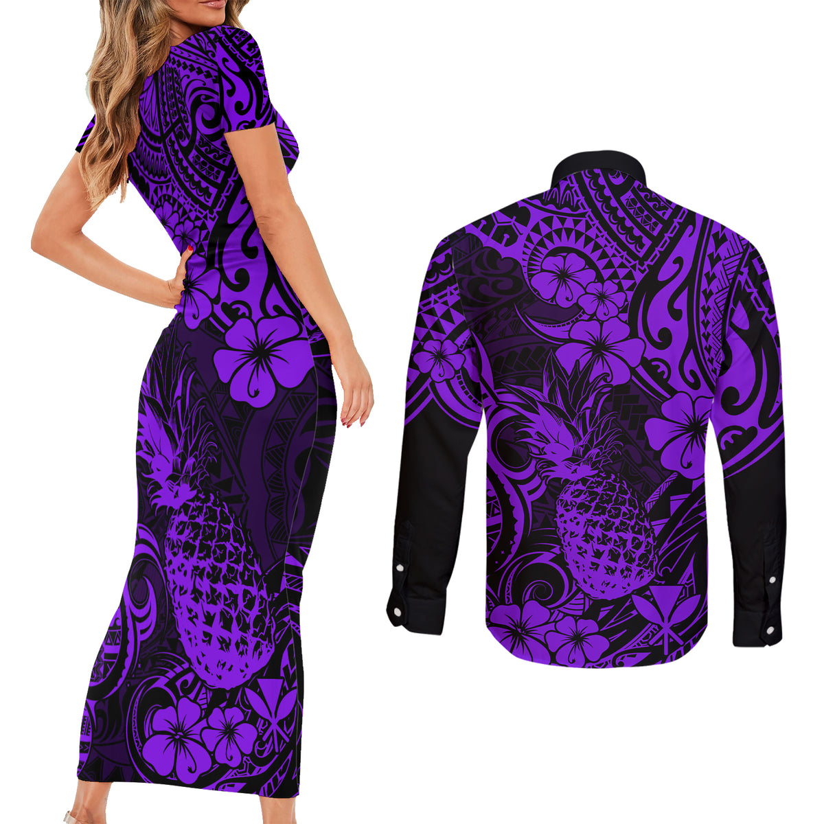 Hawaii Pineapple Couples Matching Short Sleeve Bodycon Dress and Long Sleeve Button Shirts Polynesian Pattern Purple Version LT01 - Polynesian Pride