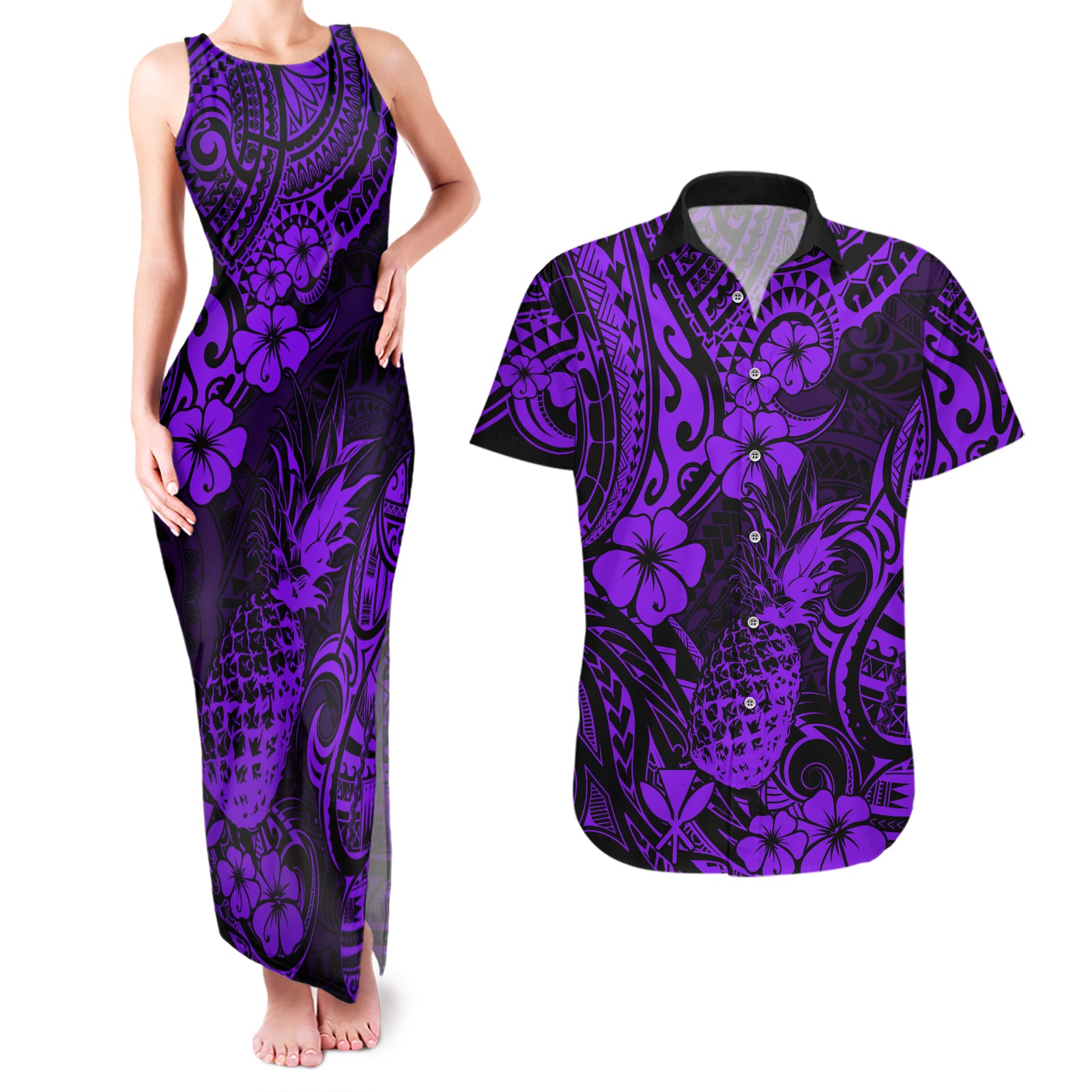 Hawaii Pineapple Couples Matching Tank Maxi Dress and Hawaiian Shirt Polynesian Pattern Purple Version LT01 Purple - Polynesian Pride
