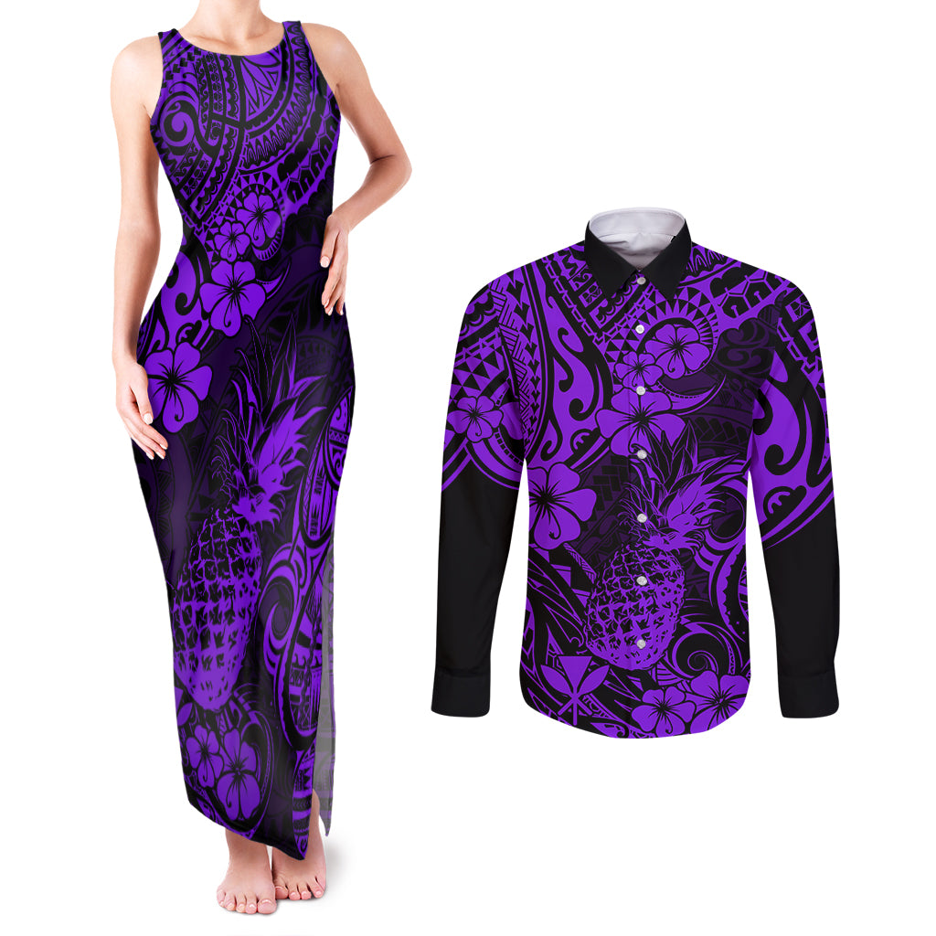Hawaii Pineapple Couples Matching Tank Maxi Dress and Long Sleeve Button Shirts Polynesian Pattern Purple Version LT01 Purple - Polynesian Pride