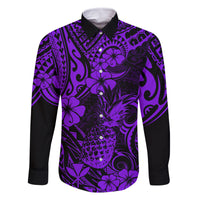 Hawaii Pineapple Family Matching Off Shoulder Maxi Dress and Hawaiian Shirt Polynesian Pattern Purple Version LT01 Dad's Shirt - Long Sleeve Purple - Polynesian Pride