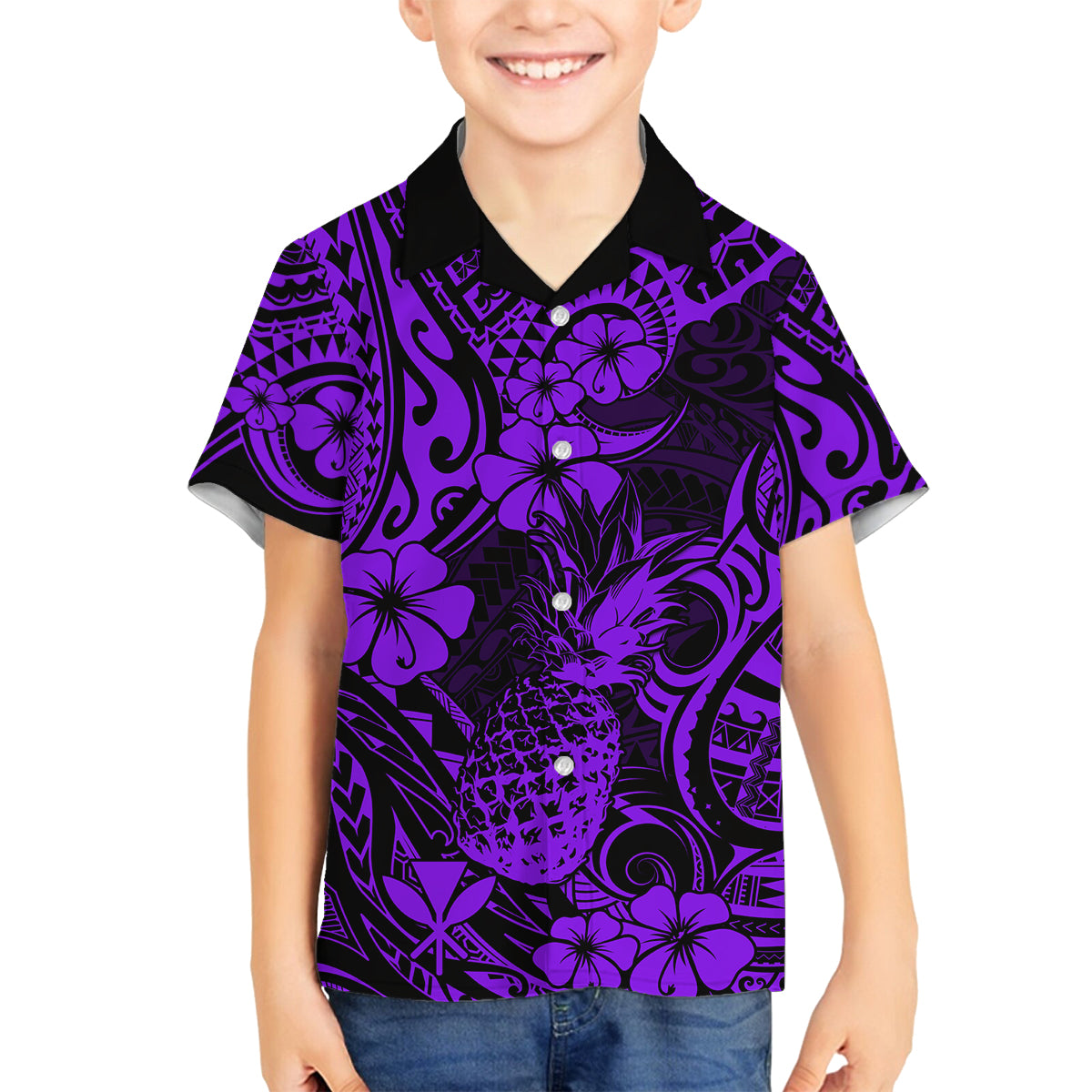 Hawaii Pineapple Family Matching Off Shoulder Short Dress and Hawaiian Shirt Polynesian Pattern Purple Version LT01 Son's Shirt Purple - Polynesian Pride