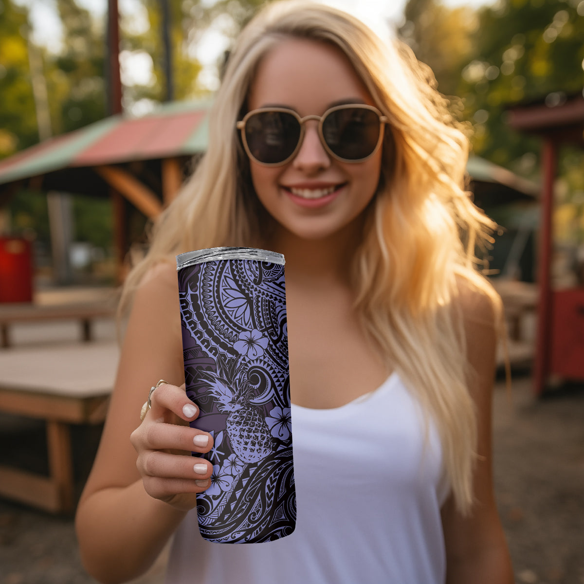 Hawaii Pineapple Skinny Tumbler Polynesian Pattern Purple Version