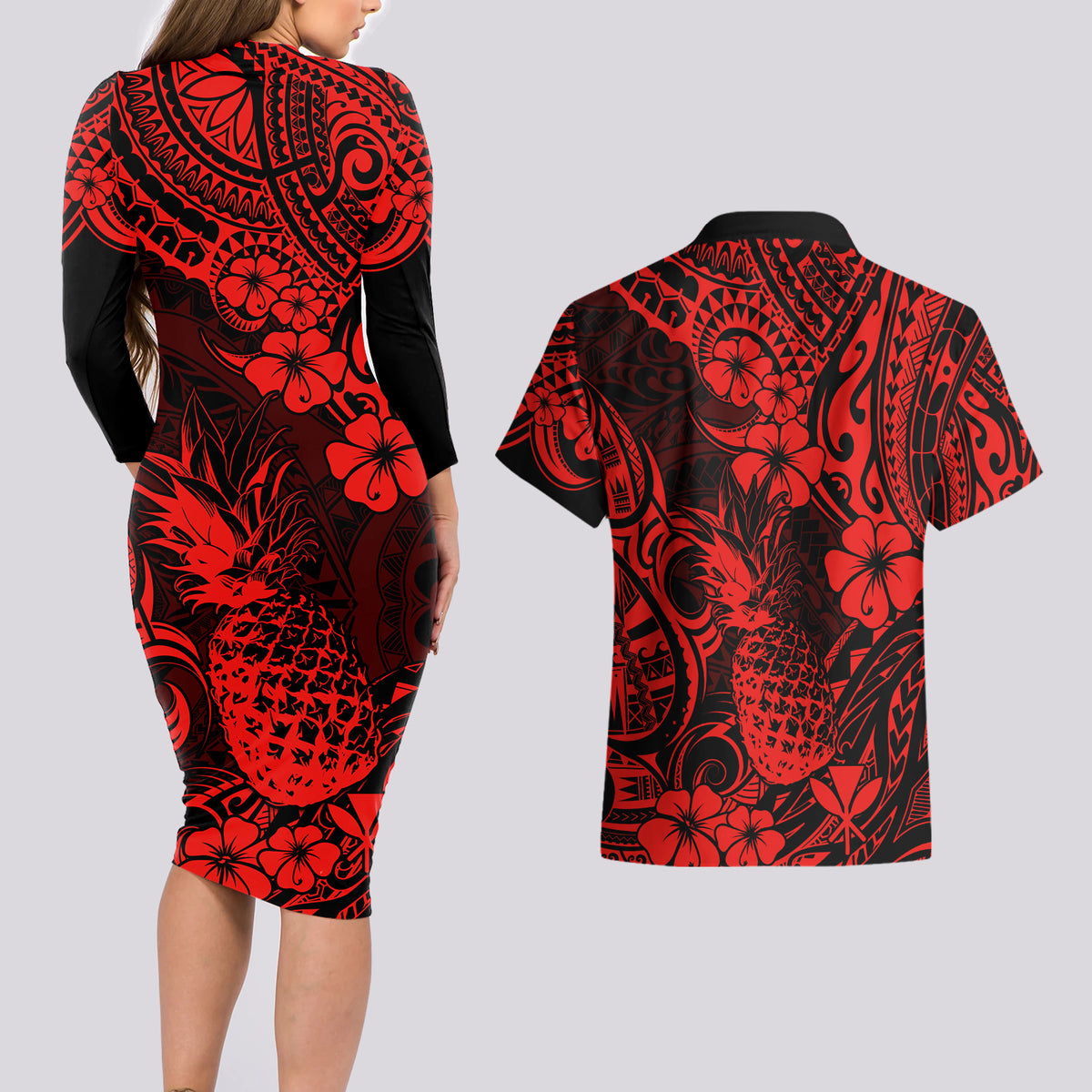 Hawaii Pineapple Couples Matching Long Sleeve Bodycon Dress and Hawaiian Shirt Polynesian Pattern Red Version LT01 - Polynesian Pride