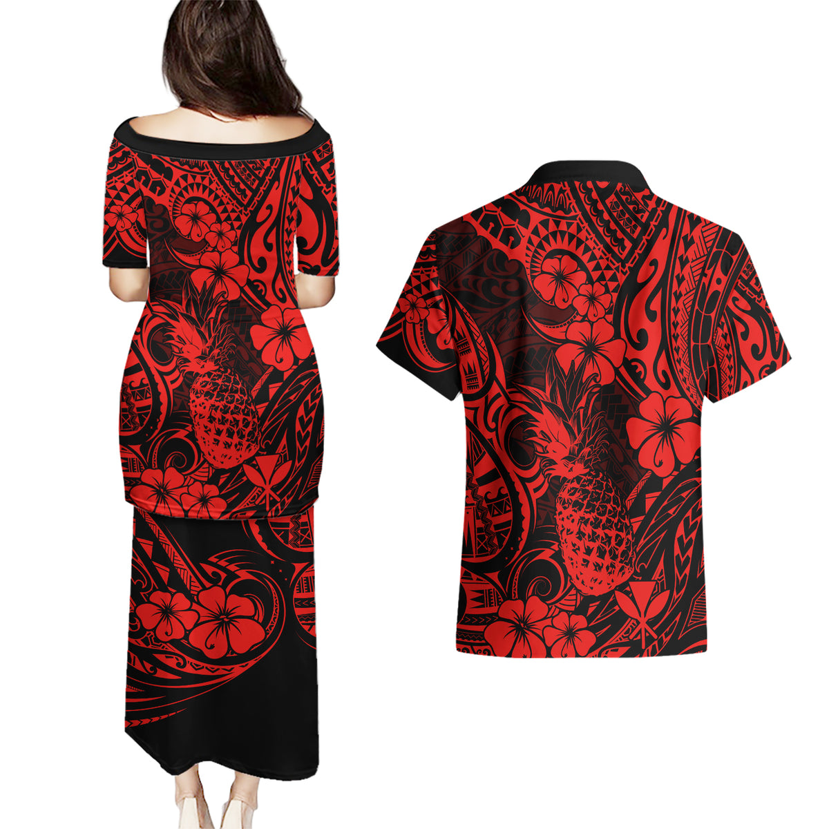 Hawaii Pineapple Couples Matching Puletasi Dress and Hawaiian Shirt Polynesian Pattern Red Version LT01 - Polynesian Pride
