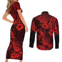 Hawaii Pineapple Couples Matching Short Sleeve Bodycon Dress and Long Sleeve Button Shirts Polynesian Pattern Red Version LT01 - Polynesian Pride
