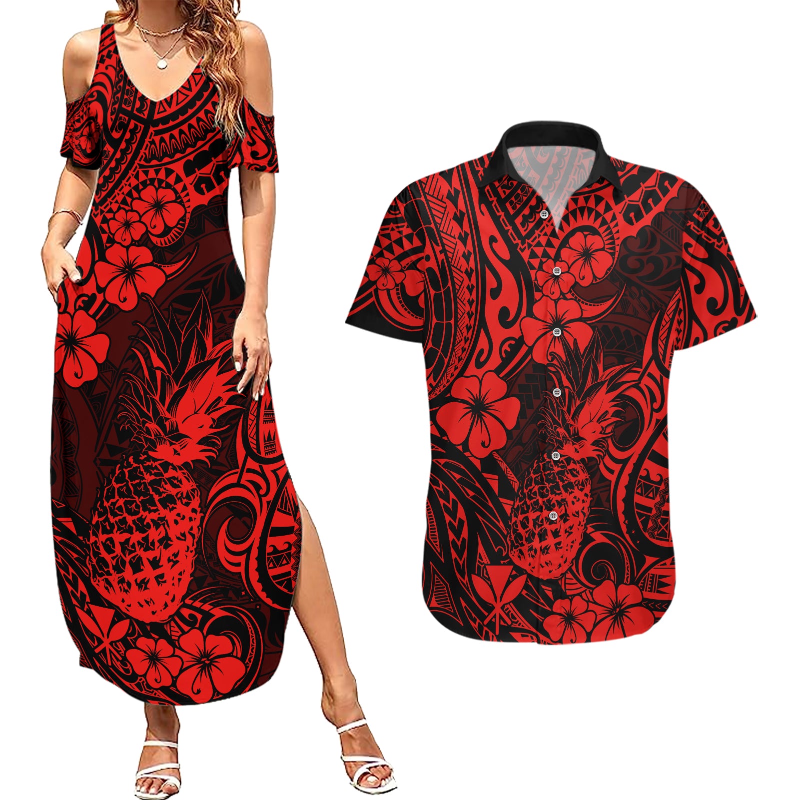 Hawaii Pineapple Couples Matching Summer Maxi Dress and Hawaiian Shirt Polynesian Pattern Red Version LT01 Red - Polynesian Pride