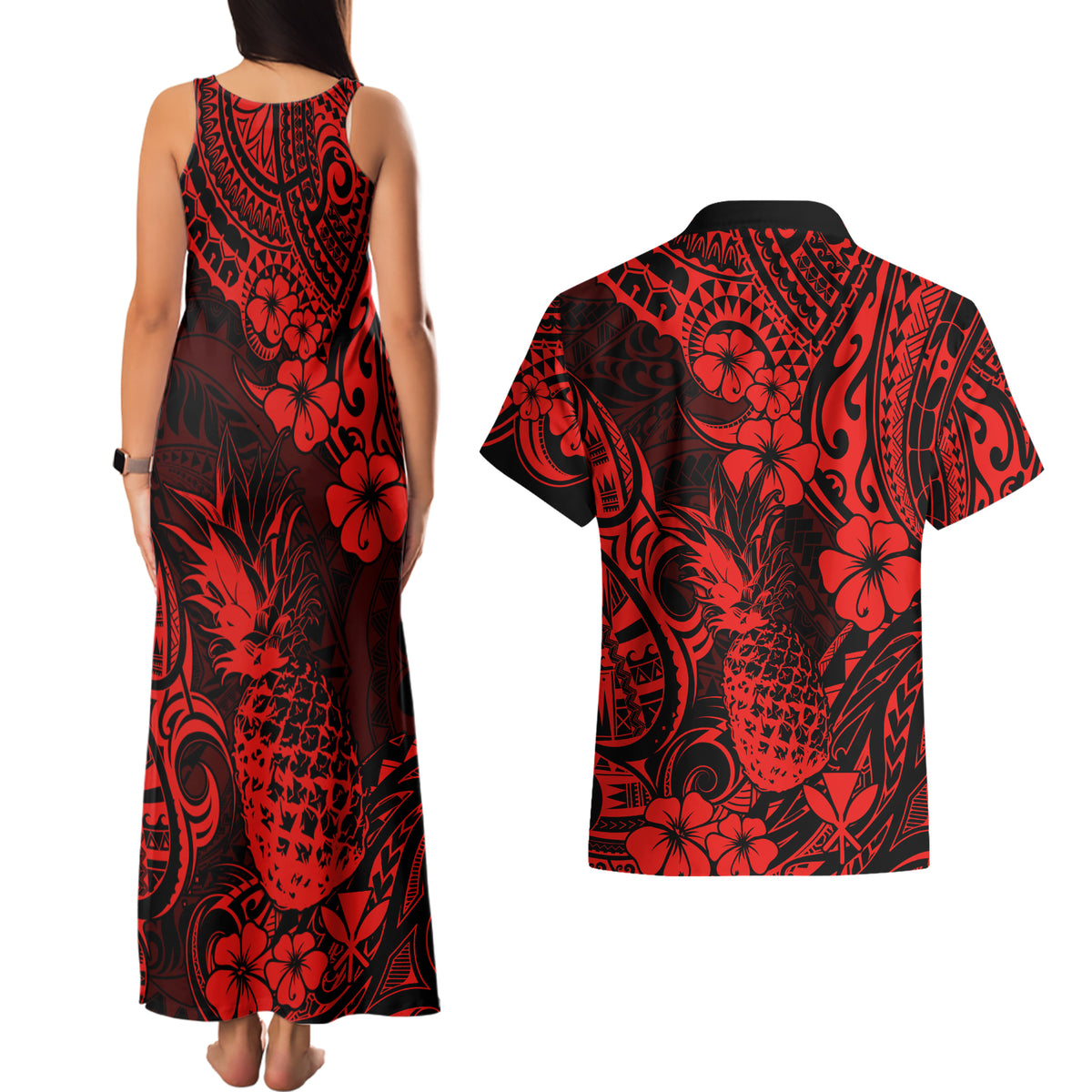 Hawaii Pineapple Couples Matching Tank Maxi Dress and Hawaiian Shirt Polynesian Pattern Red Version LT01 - Polynesian Pride