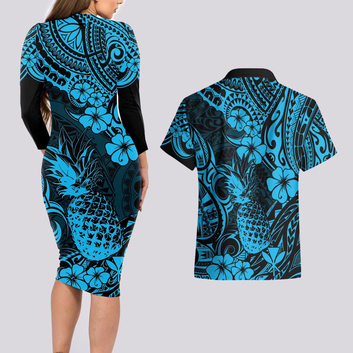 Hawaii Pineapple Couples Matching Long Sleeve Bodycon Dress and Hawaiian Shirt Polynesian Pattern Sky Blue Version LT01 - Polynesian Pride