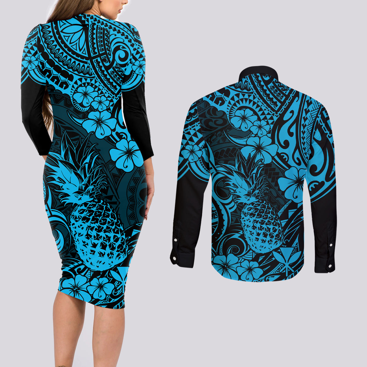 Hawaii Pineapple Couples Matching Long Sleeve Bodycon Dress and Long Sleeve Button Shirts Polynesian Pattern Sky Blue Version LT01 - Polynesian Pride