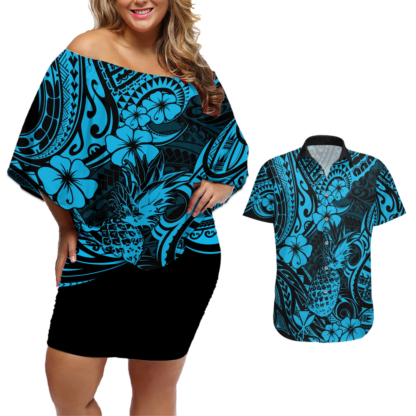 Hawaii Pineapple Couples Matching Off Shoulder Short Dress and Hawaiian Shirt Polynesian Pattern Sky Blue Version LT01 Blue - Polynesian Pride