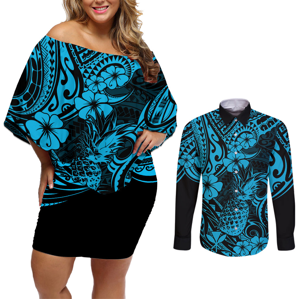 Hawaii Pineapple Couples Matching Off Shoulder Short Dress and Long Sleeve Button Shirts Polynesian Pattern Sky Blue Version LT01 Blue - Polynesian Pride
