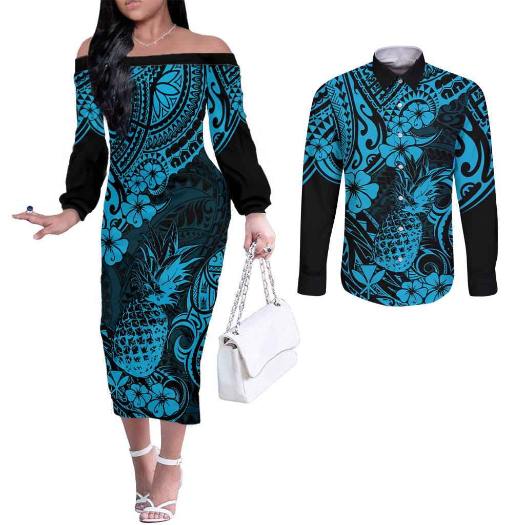 Hawaii Pineapple Couples Matching Off The Shoulder Long Sleeve Dress and Long Sleeve Button Shirts Polynesian Pattern Sky Blue Version LT01 Blue - Polynesian Pride