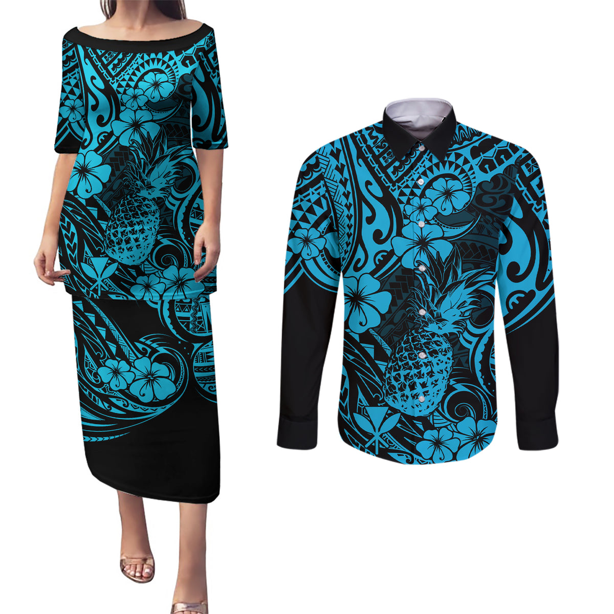 Hawaii Pineapple Couples Matching Puletasi Dress and Long Sleeve Button Shirts Polynesian Pattern Sky Blue Version LT01 Blue - Polynesian Pride