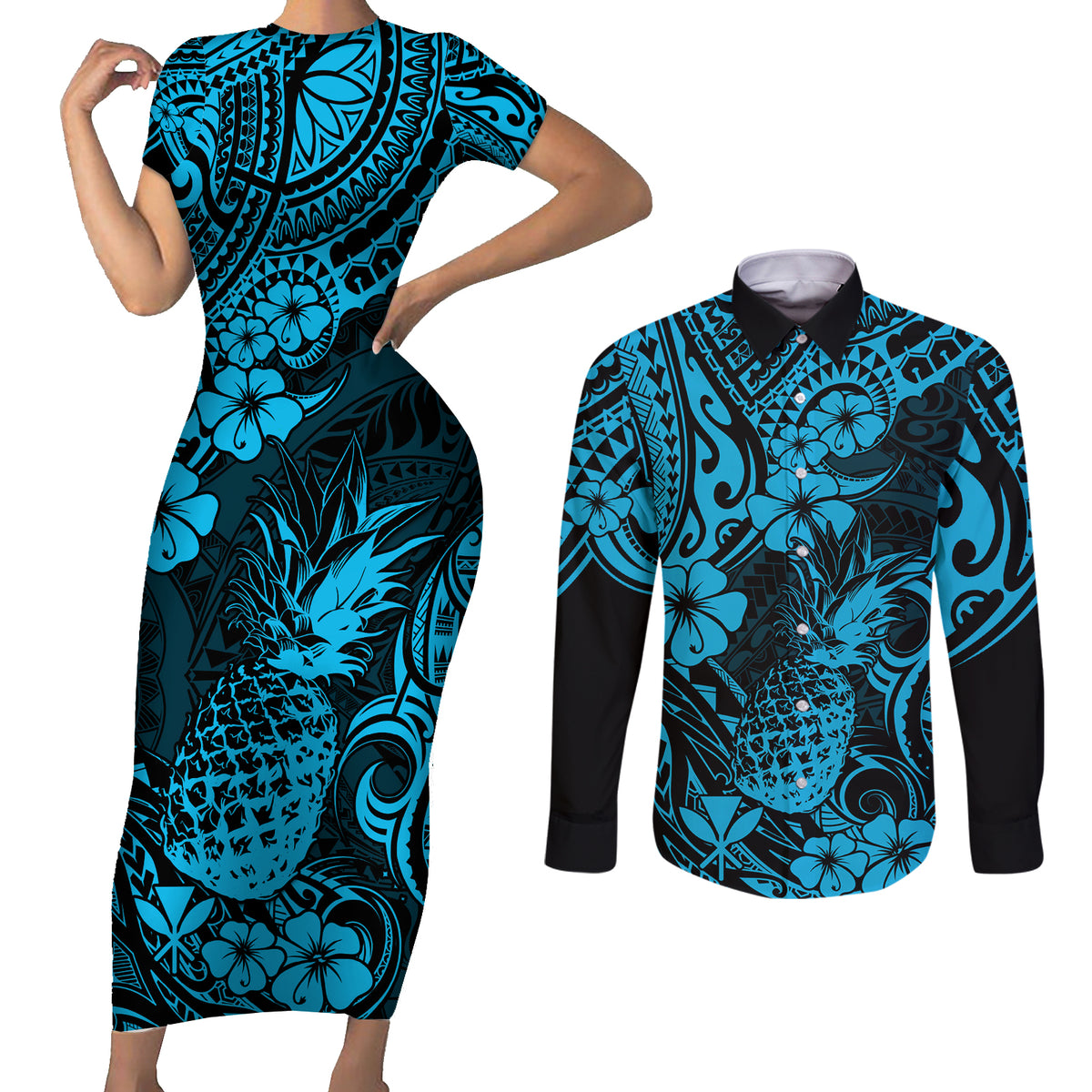 Hawaii Pineapple Couples Matching Short Sleeve Bodycon Dress and Long Sleeve Button Shirts Polynesian Pattern Sky Blue Version LT01 Blue - Polynesian Pride